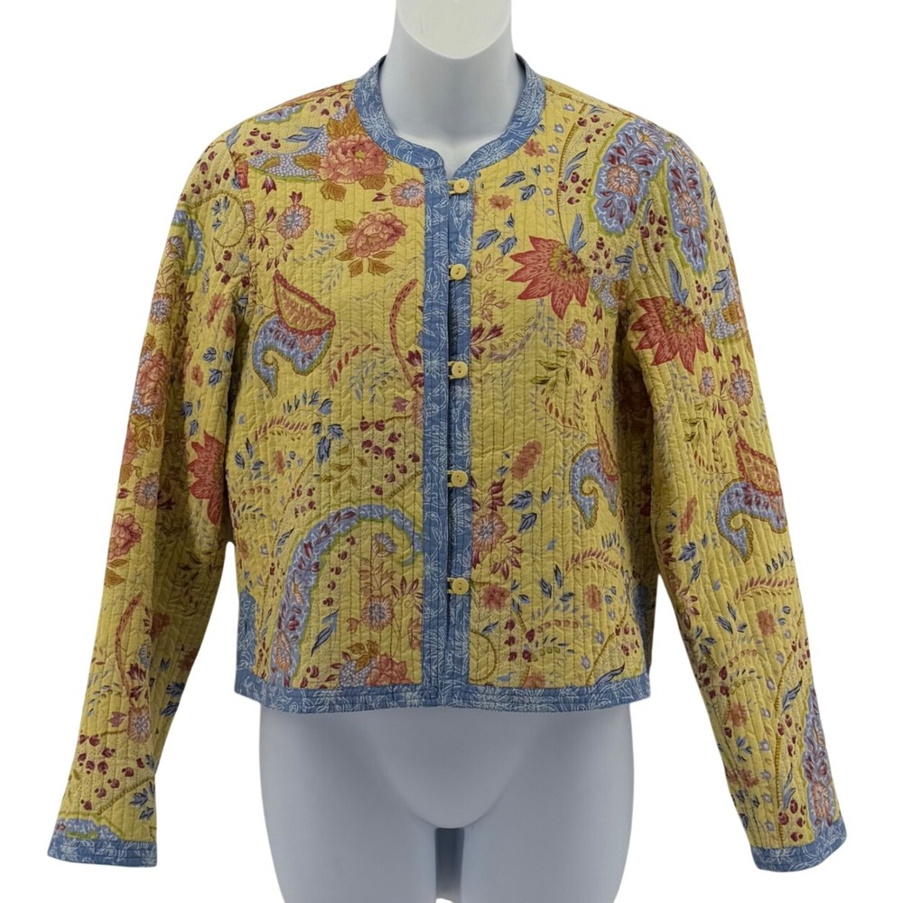 Provence D'Amour Cotton Quilted Jacket Women Yellow Paisley Floral Boho Small